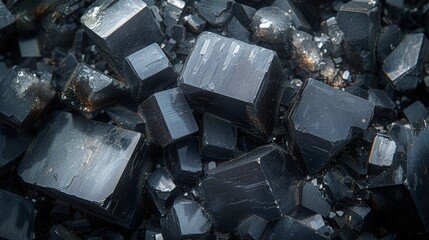 Close-Up View of Shiny Black Tourmaline Crystals in Natural Rough Formation - obrazy, fototapety, plakaty