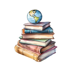 Watercolor Illustration with stack of books isolated on transparent background