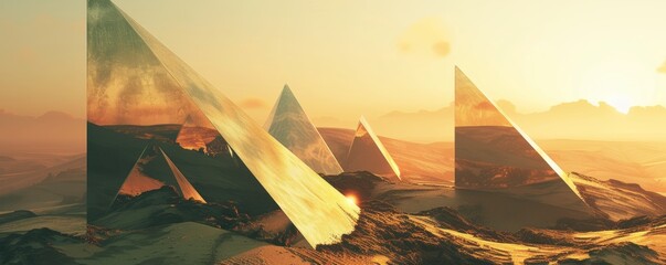 Surreal Desert Landscape With Mirrored Pyramids at Golden Hour - obrazy, fototapety, plakaty