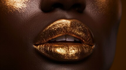 Close-Up of Golden Lipstick on Womans Lips With Dark Skin Tone