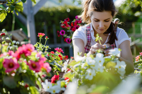A young woman tends to garden flowers, perfect for hobby and leisure themes.