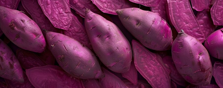 Close-Up View of Fresh Purple Sweet Potatoes at a Local Farmers Market