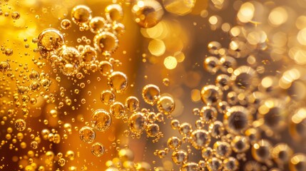 Macro shot of effervescent bubbles in sparkling champagne, reflecting the light in a festive toast