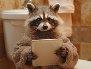 a small beautiful raccoon in a bathrobe sits on the toilet and flips through a tablet