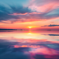 Fototapeta na wymiar A serene sunset over a tranquil lake, with the sky ablaze in hues of orange, pink, and purple, reflecting on the calm waters below.