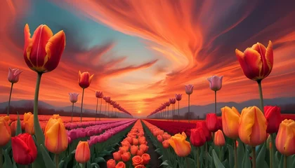 Fotobehang A surrealistic scene where tulips and roses morph into abstract shapes, their colors blending seamlessly with the fiery sky of a sunset. © Muhammad