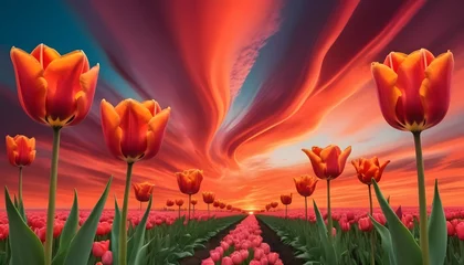 Fotobehang A surrealistic scene where tulips and roses morph into abstract shapes, their colors blending seamlessly with the fiery sky of a sunset. © Muhammad
