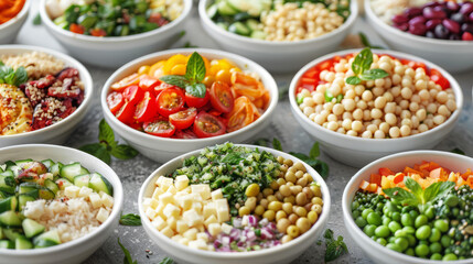 A neatly arranged selection of colorful food bowls highlighting healthy ingredients and choices