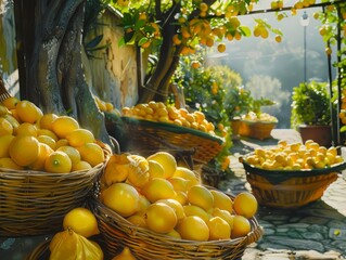 Traditional limoncello process, Sorrento's finest lemons in wicker baskets, golden sunlight bathing groves