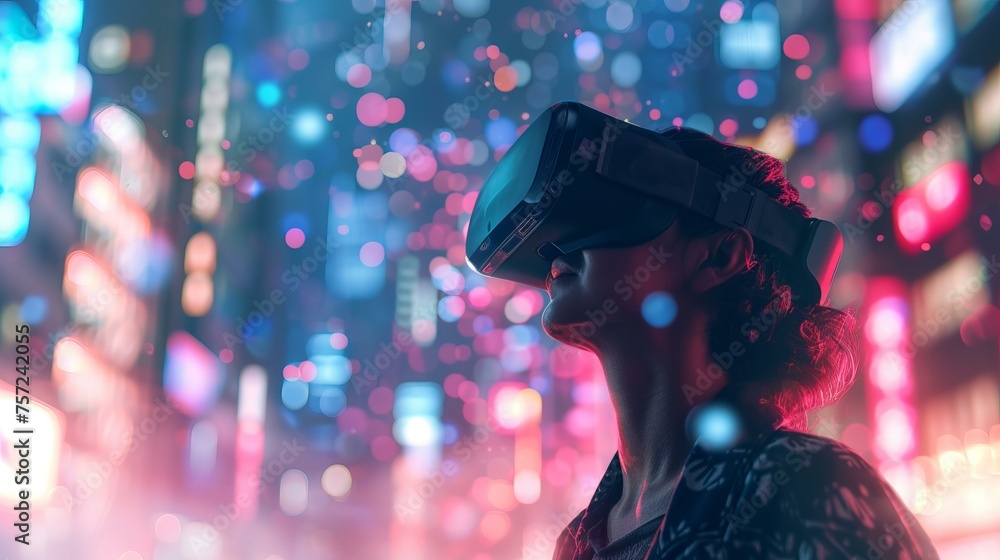 Poster a conceptual image of a user exploring the metaverse, wearing a vr headset background filled with va