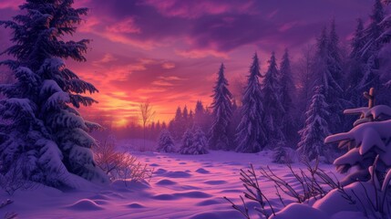 Snow Covered Trees and Sunset Painting