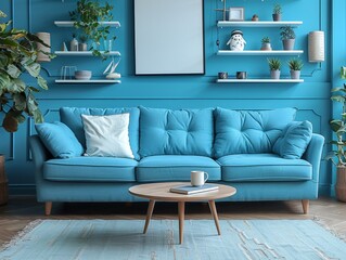 Architectural photography, Scandinavian style home design for modern living room. Round coffee table near the blue sofa.