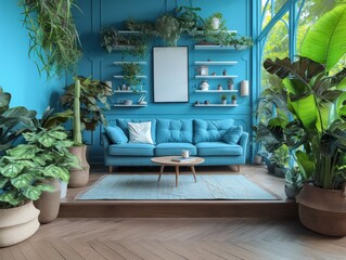 Architectural photography, Scandinavian style home design for modern living room. Round coffee table near the blue sofa. Shelves with interior items and indoor plants on a blue wall empty white
