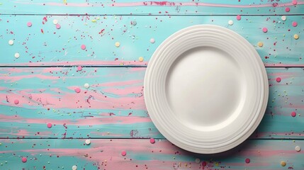 White plate on pastel wooden background, top view single empty plate. flat lay, mock-up. copy space