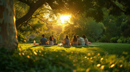A group of friends sprawled on picnic blankets, surrounded by the vibrant greenery of a peaceful park The setting sun casts a golden glow, enhancing the joyful atmosphere, AI Generative