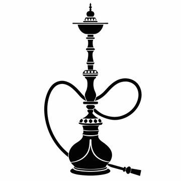 An ornate hookah, likely brass or gold, with a long metal pipe and glass base sits isolated on a white background, vector