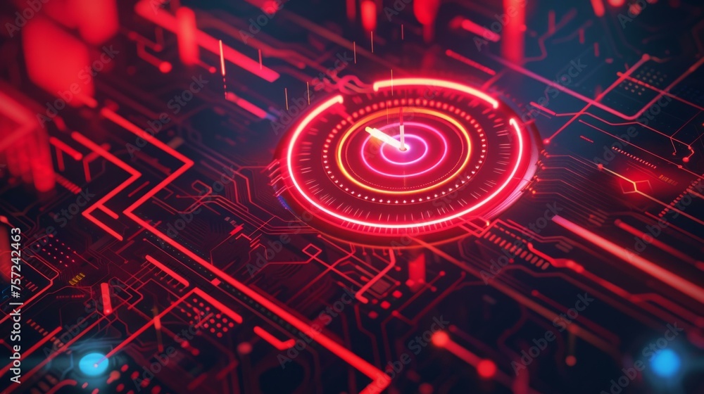 Poster create a digital illustration featuring a vibrant red neon light target, symbolizing precision and f