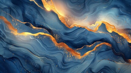 Abstract sea waves background, blue gold texture, watercolor tech style, flowing wave design,...
