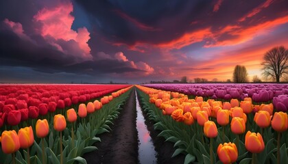 A surreal landscape where tulips and roses grow in unexpected places, their vibrant hues contrasting with the moody sky of a twilight sunset.
