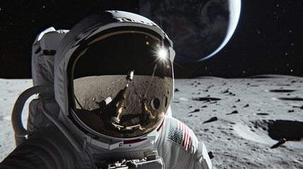 Close-up of an astronaut on the moon, hyper-realistic, focusing on the reflection in the visor of the helmet which captures the lunar module and the stark, beautiful desolation , AI Generative - obrazy, fototapety, plakaty