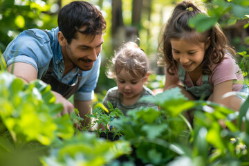 Eye-Level View of Family Gardening Together. Young family enjoys gardening together in nature for leisure and education.