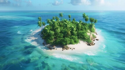 Create an idyllic view of a secluded tropical island, surrounded by crystal-clear turquoise waters. The island should be lush with vibrant green palm trees, white sandy beaches, AI Generative - obrazy, fototapety, plakaty