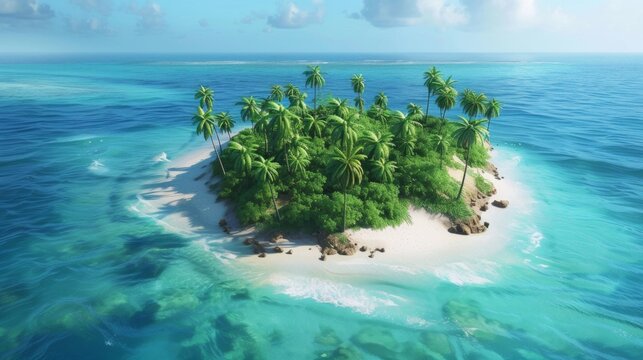 Create an idyllic view of a secluded tropical island, surrounded by crystal-clear turquoise waters. The island should be lush with vibrant green palm trees, white sandy beaches, AI Generative