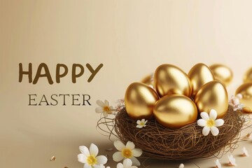 Obraz na płótnie Canvas Happy Easter banner in a modern design for a social media post template. Realistic golden easter illustration. Happy Easter day vector background with golden striped eggs in a nest and space for text