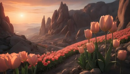 A surrealistic scene of oversized tulips and roses growing amidst rocky hills, illuminated by the otherworldly glow of a setting sun.