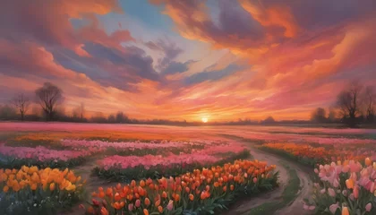Deurstickers An impressionistic portrayal of a sunset, with swirling clouds of orange and pink hovering over a field of wildflowers, including tulips and roses. © Muhammad