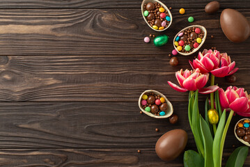 Easter surprise theme. Overhead shot of broken chocolate eggs spilling out vibrant candies, and fresh peony tulips on a wooden surface, leaving space for text or promotions