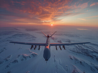In the frigid Arctic tundra, a military drone navigates icy expanses, uncovering the desolate beauty and geopolitical significance of this remote polar region. - obrazy, fototapety, plakaty