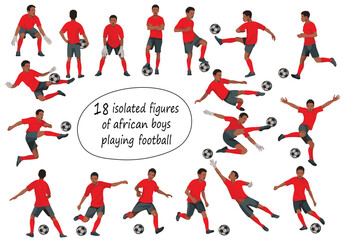 18 isolated figures of South African teenage boy football players and goalkeepers in red t-shirts standing, running, hitting the ball, jumping