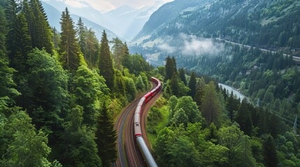 Aerial view of railroad transportation by train on track in mountain landscape