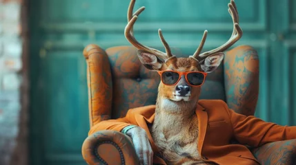 Foto op Plexiglas Hipster Xmas Deer, boss-like in suit and shades, sitting regally, pastel teal green setting, a blend of festive and trendy, AI Generative © sorapop