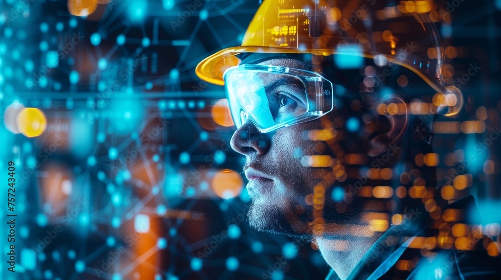 Poster industry 4.0 concept visualized, engineer in augmented reality, mixed virtual reality for diverse ap