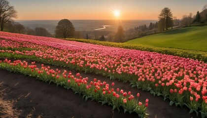 A serene panorama of a hillside covered in blooming tulips and roses, with the setting sun casting long shadows across the scene.