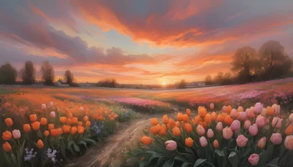 Schilderijen op glas An impressionistic portrayal of a sunset, with swirling clouds of orange and pink hovering over a field of wildflowers, including tulips and roses. © Muhammad