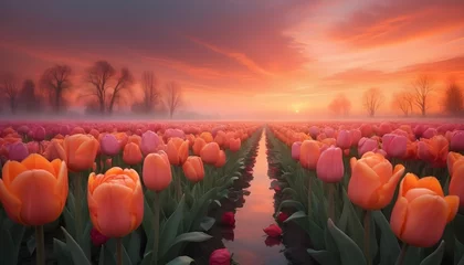Fotobehang A surreal scene of tulips and roses intertwined, their colors blending together in a dreamy haze, with a fiery sunset behind them. © Muhammad