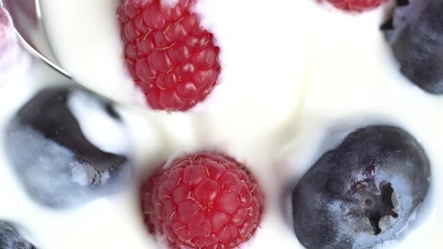 Greek yogurt with raspberry and blueberry scooped withs poon from a Bowl, macro shot, rotation