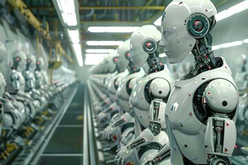 Fototapeta premium Robots lined up in a futuristic factory