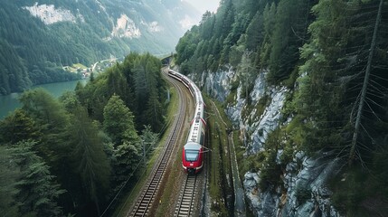 Aerial view of train on tracks in the mountains - obrazy, fototapety, plakaty