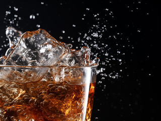 Close-Up Photo of Dark Carbonated Drink with Ice in a Glass, Bubbling and Splashing, Capturing Refreshing and Fizzy Texture, Perfect for Beverage Advertisements, Bar Menus, or Thirst-inducing Visuals