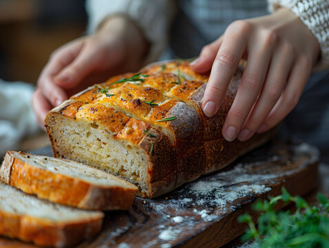 Close-up of hand slicing gluten-free bread on a wooden cutting board. Healthy eating and dietary choice concept. Design for bakery advertisement, food blog, and nutrition guide. Rustic kitchen setting - Powered by Adobe
