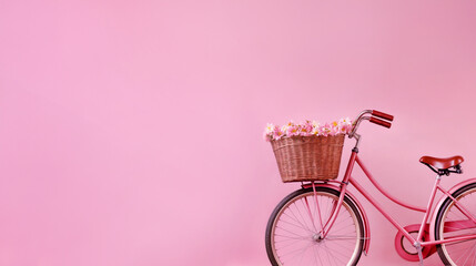 Charming Vintage Pink Bicycle with a Basket Full of Flowers Leaning against a Textured Pink Wall, Evoking Nostalgia and Romance