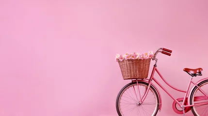 Fototapeten Charming Vintage Pink Bicycle with a Basket Full of Flowers Leaning against a Textured Pink Wall, Evoking Nostalgia and Romance © Damian