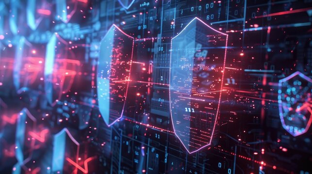 DDoS mitigation, animated shields absorbing cyber attacks