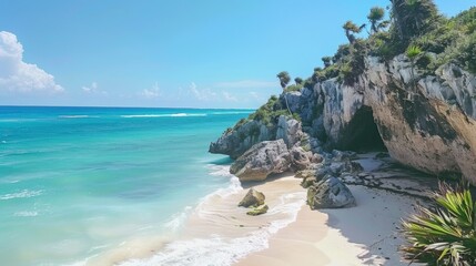 Beautiful tropical beach with crystal clear waters, rocks and palm trees.