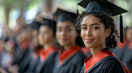 Portrait of a female graduate standing with a diploma in hand in a row with classmates and looking at the camera, ai generated