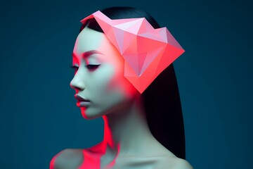 Asian Woman in Geometric Origami Headpiece Basks in Neon Teal Lighting